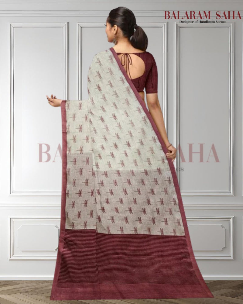 Off White Premium Qaulity Handloom  Printed Linen Saree Balaram Saha