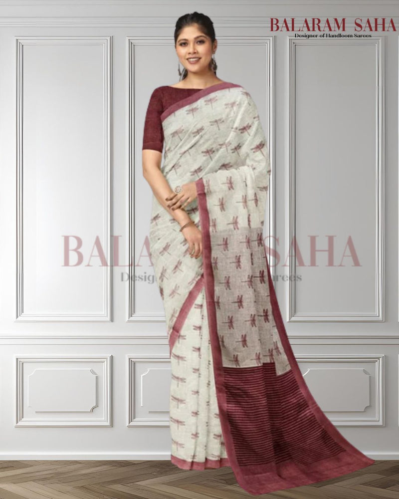 Off White Premium Qaulity Handloom  Printed Linen Saree  Balaram Saha  https://www.mirror.co.uk/