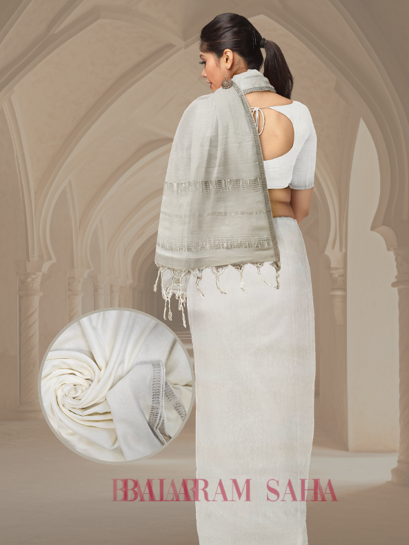 Off White Quality Soft Handloom Mul Cotton Saree With Silver Border by Balaram Saha - (handloom saree, cotton saree, handloom cotton saree, balaram saha online, handloom sarees, balaram saha handloom saree store photos, balaram saha handloom saree store, cotton handloom saree, bengal handloom sarees, pure cotton, cotton saree for women, cotton saree online)  https://www.sciencedirect.com/
