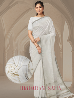 Off White Quality Soft Handloom Mul Cotton Saree With Silver Border by Balaram Saha - (handloom saree, cotton saree, handloom cotton saree, balaram saha online, handloom sarees, balaram saha handloom saree store photos, balaram saha handloom saree store, cotton handloom saree, bengal handloom sarees, pure cotton, cotton saree for women, cotton saree online) https://www.clarin.com/
