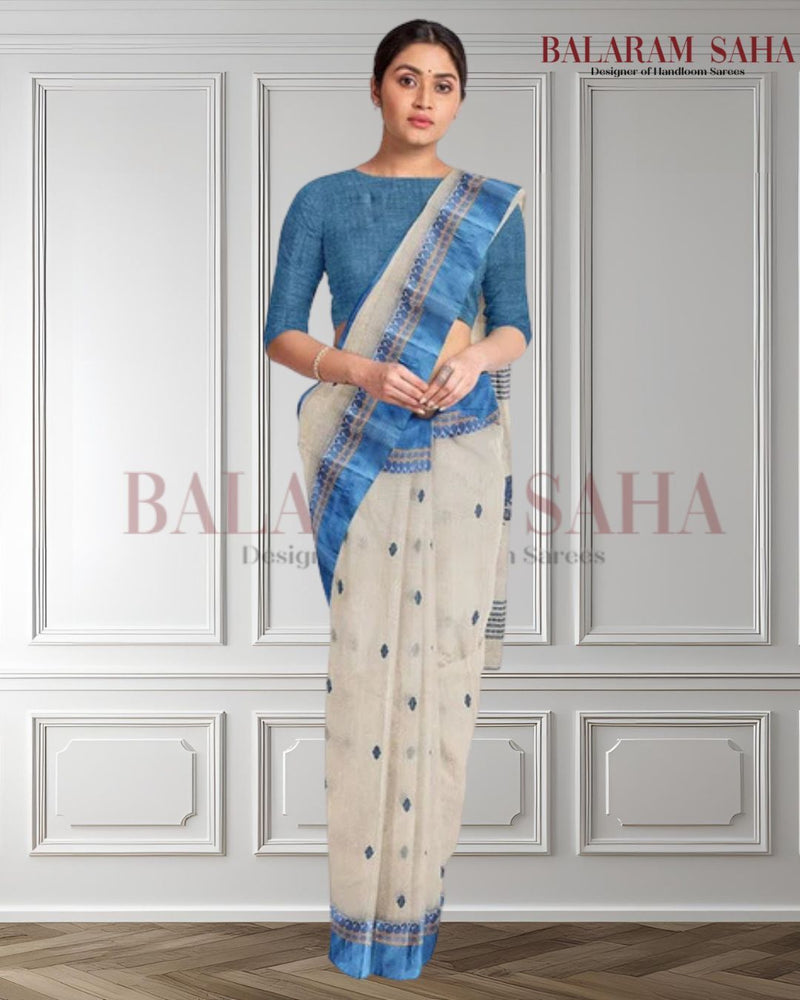 Off-White & Blue Tangail Elegance: A Balaram Saha Handloom Cotton Saree Masterpiece Balaram Saha