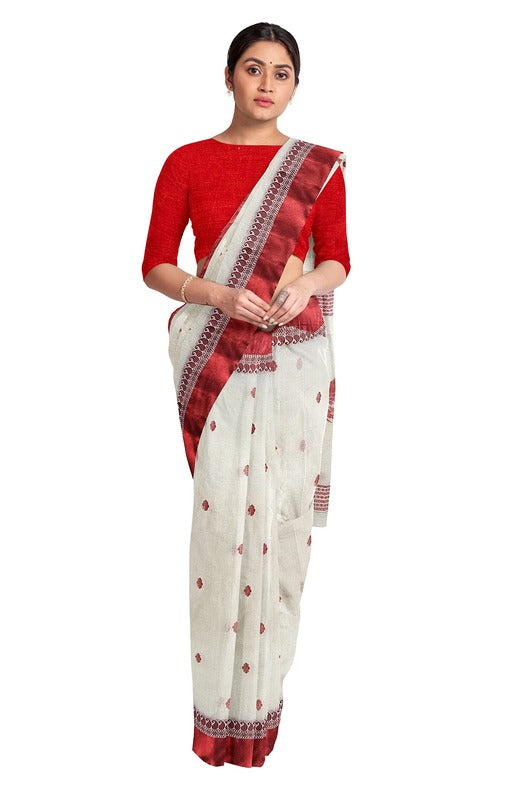 Off White & Red and Blue Handloom Cotton Saree (handloom saree, cotton saree, handloom cotton saree, balaram saha online, handloom sarees, cotton handloom saree)   https://www.20minutos.es/