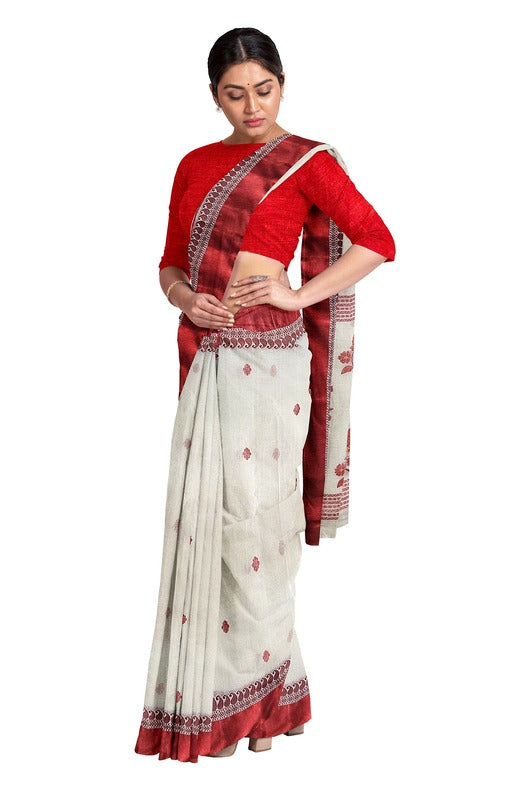 Off White & Red and Blue Handloom Cotton Saree (handloom saree, cotton saree, handloom cotton saree, balaram saha online, handloom sarees, cotton handloom saree)