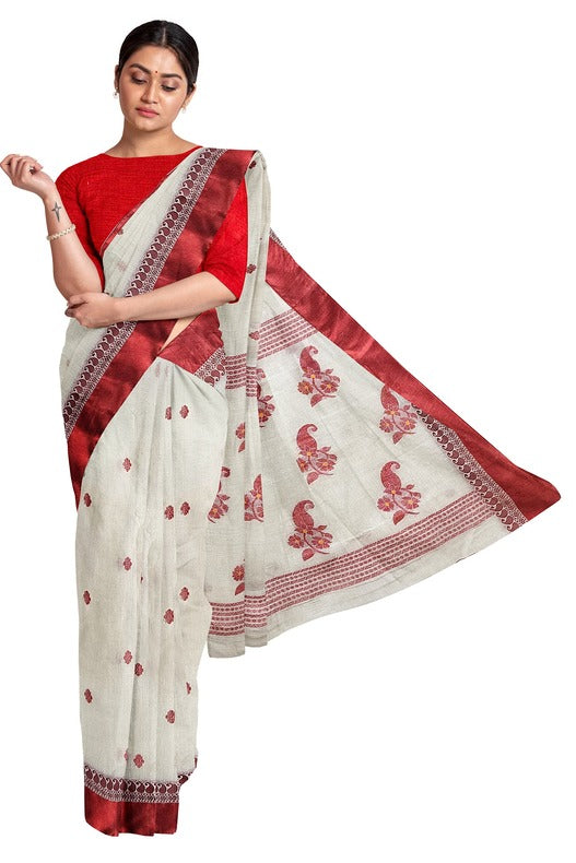 Off White & Red and Blue Handloom Cotton Saree (handloom saree, cotton saree, handloom cotton saree, balaram saha online, handloom sarees, cotton handloom saree)   https://www.wsj.com/