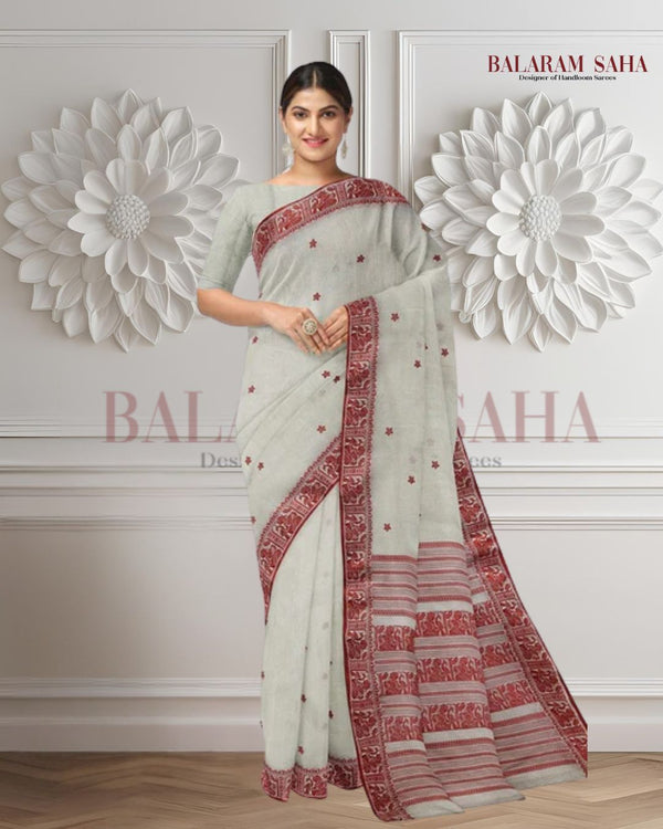 Off White & Red, traditional cotton Jacquard weave saree Balaram Saha