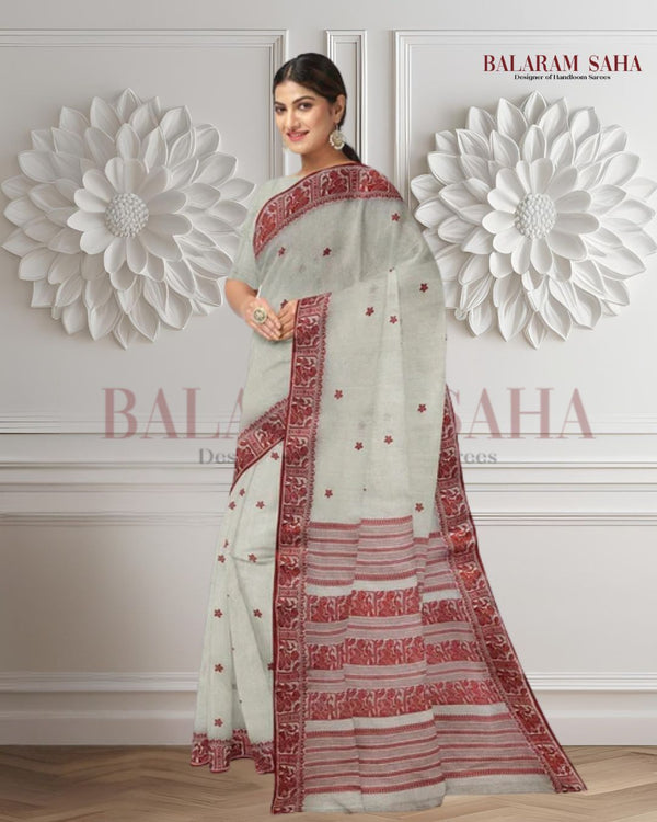 Off White & Red, traditional cotton Jacquard weave saree Balaram Saha
