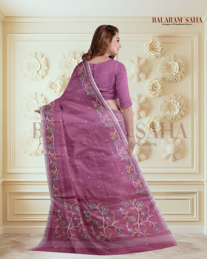 Onion-Pink Traditional Handwoven Cotton Jamdani Saree Balaram Saha