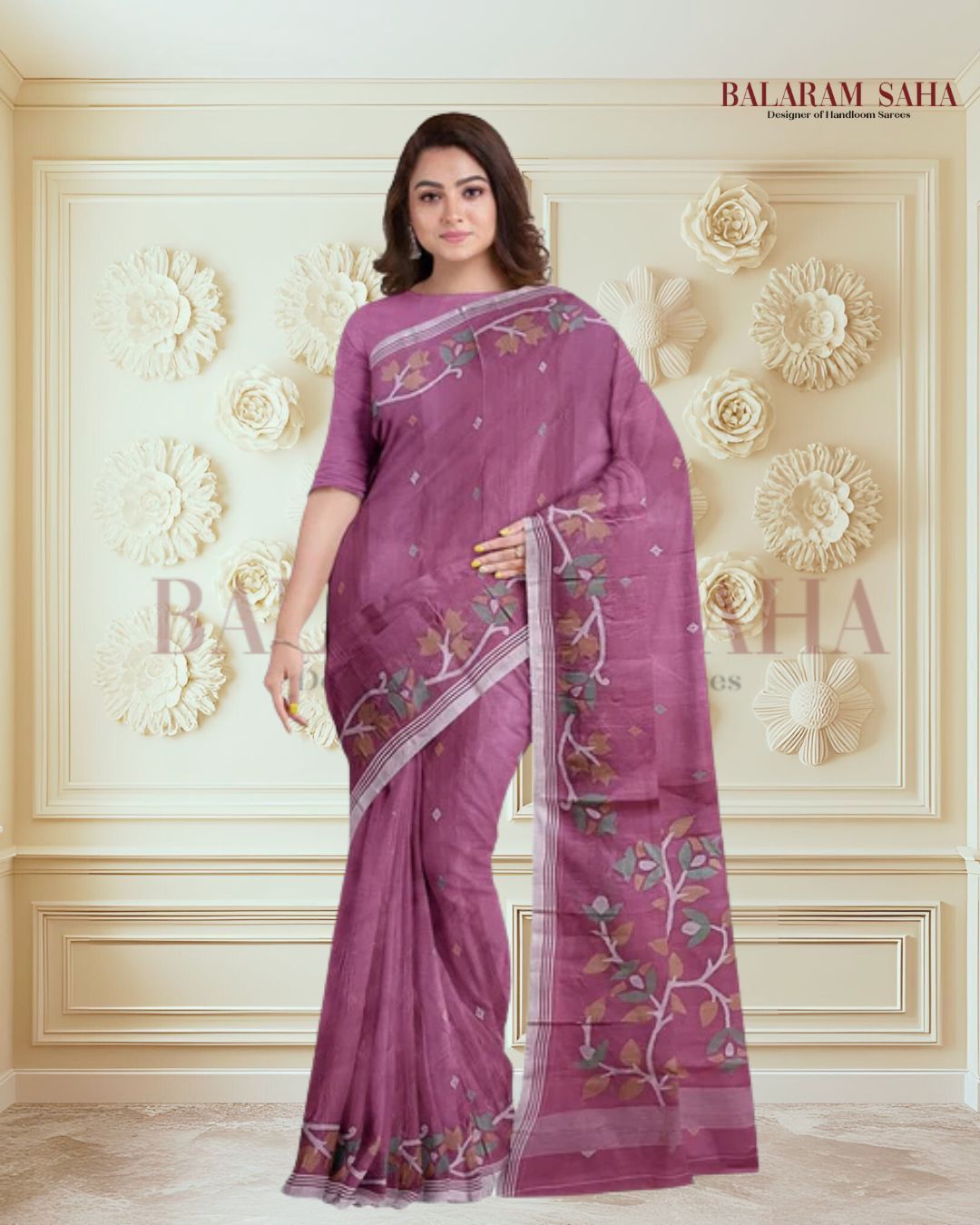 Onion-Pink Traditional Handwoven Cotton Jamdani Saree Balaram Saha