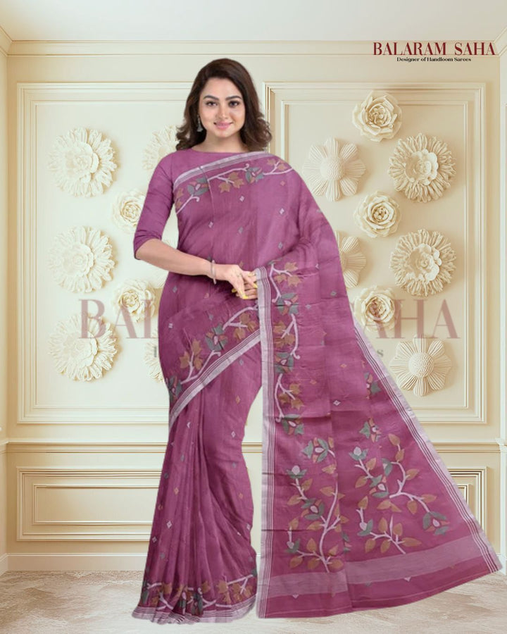 Onion-Pink Traditional Handwoven Cotton Jamdani Saree Balaram Saha