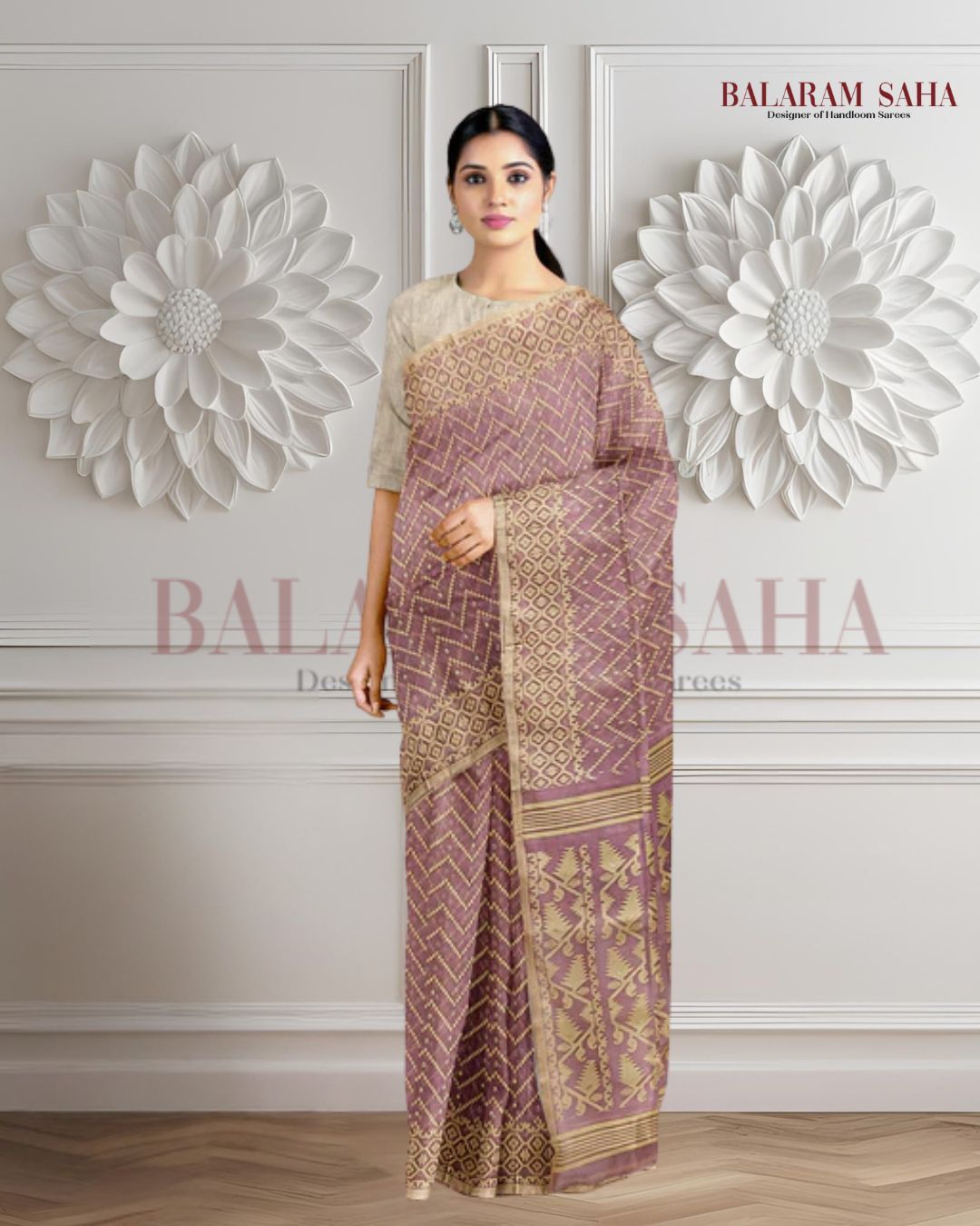 Onion pink & Beige Soft handloom Jacquard Weave Jamdani saree Balaram Saha