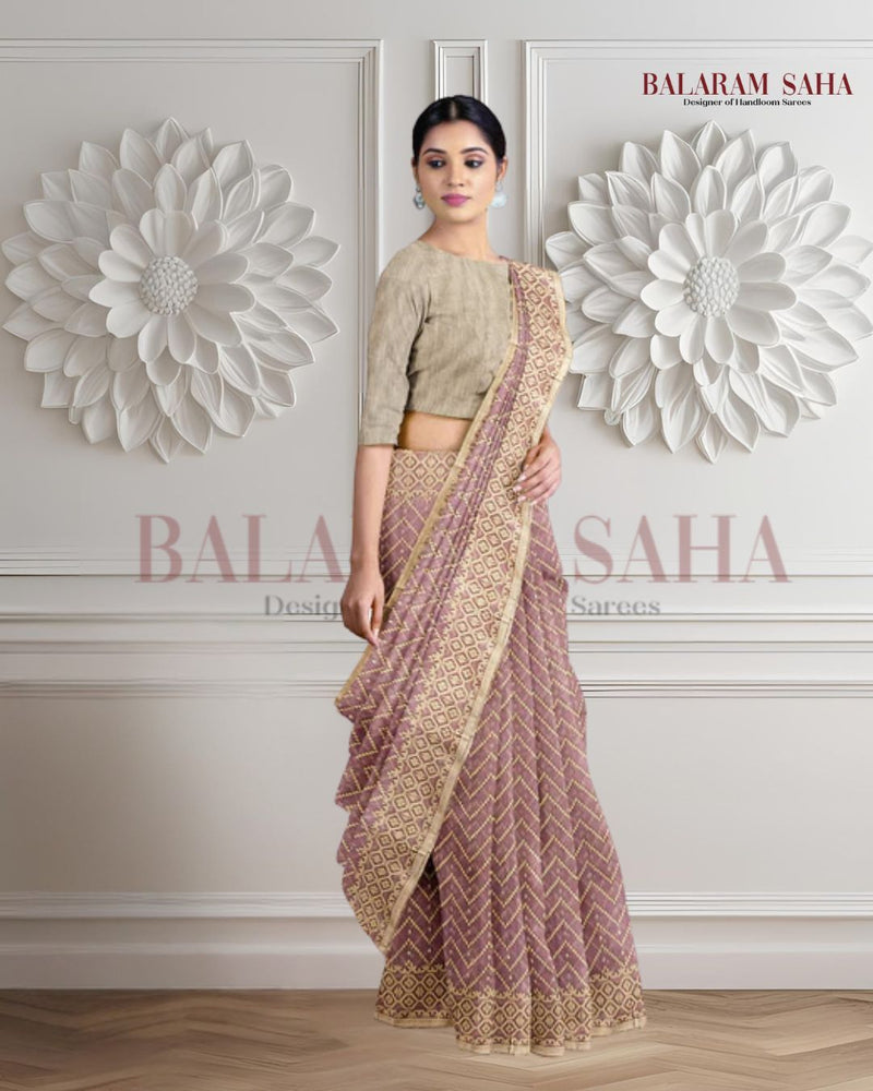 Onion pink & Beige Soft handloom Jacquard Weave Jamdani saree Balaram Saha