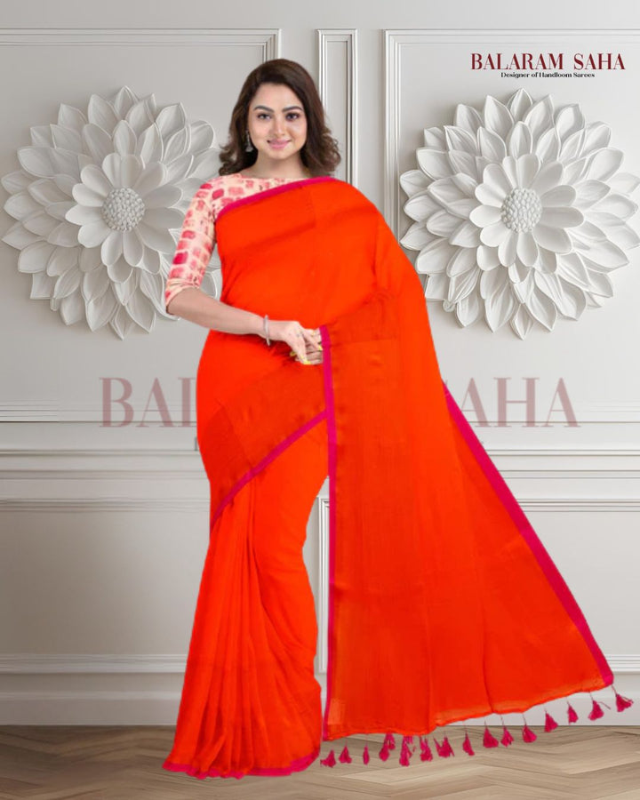 Orange & Purple Handloom Soft Mull Cotton Saree Balaram Saha