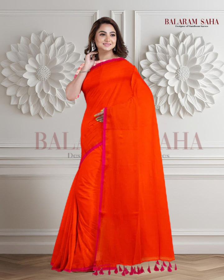Orange & Purple Handloom Soft Mull Cotton Saree Balaram Saha