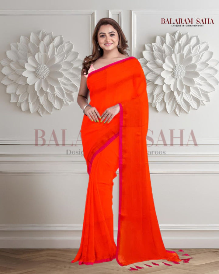 Orange & Purple Handloom Soft Mull Cotton Saree Balaram Saha