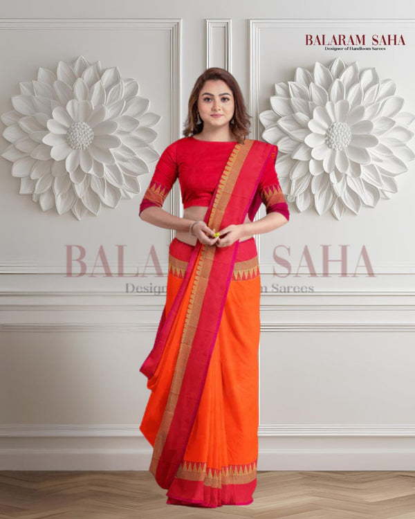 Orange body and Rani Pink anchal Handloom Cotton Sari Balaram Saha