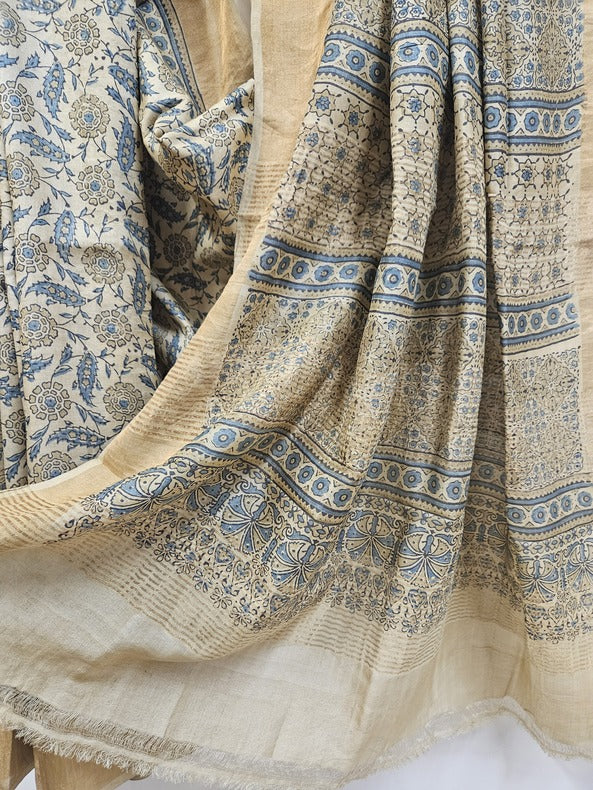 Original Ajrak Print Beige & Blue Pure Handloom Tussar Silk Saree (tussar silk saree, handloom saree, cotton saree, handloom cotton saree, balaram saha online, handloom sarees, balaram saha handloom saree store photos, balaram saha handloom saree store, cotton handloom saree, bengal handloom sarees, pure cotton, cotton saree for women, cotton saree online)