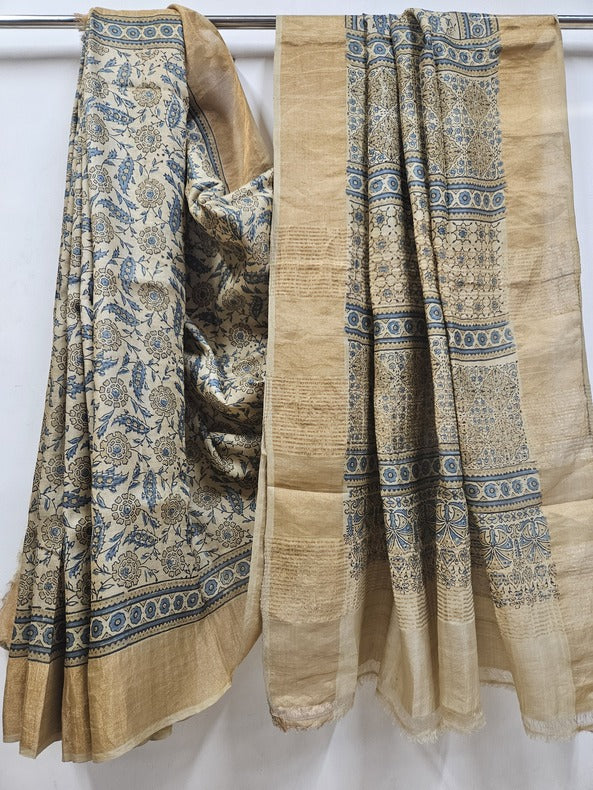 Original Ajrak Print Beige & Blue Pure Handloom Tussar Silk Saree (tussar silk saree, handloom saree, cotton saree, handloom cotton saree, balaram saha online, handloom sarees, balaram saha handloom saree store photos, balaram saha handloom saree store, cotton handloom saree, bengal handloom sarees, pure cotton, cotton saree for women, cotton saree online)  https://vimeo.com/