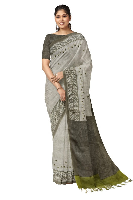 Pastel Green Premium Handloom Printed Linen Saree Balaram Saha  https://www.brandbucket.com/