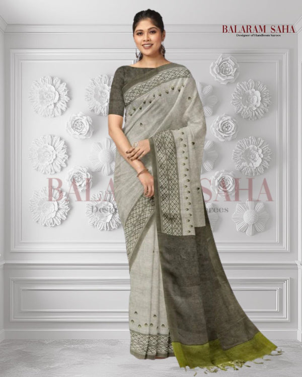 Balaram Saha's Pastel Green Premium Handloom Printed Linen Saree: Effortless Chic Balaram Saha