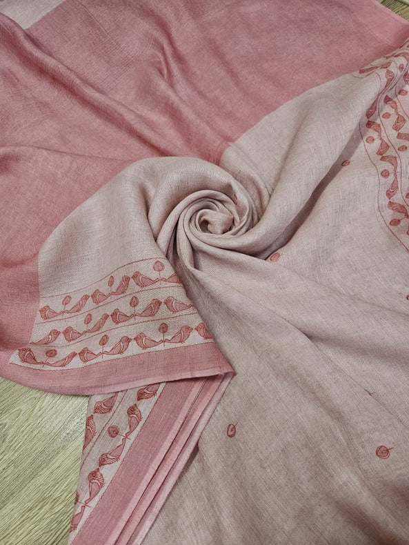 Pastel Pink Premium Handloom Printed Linen Saree Balaram Saha