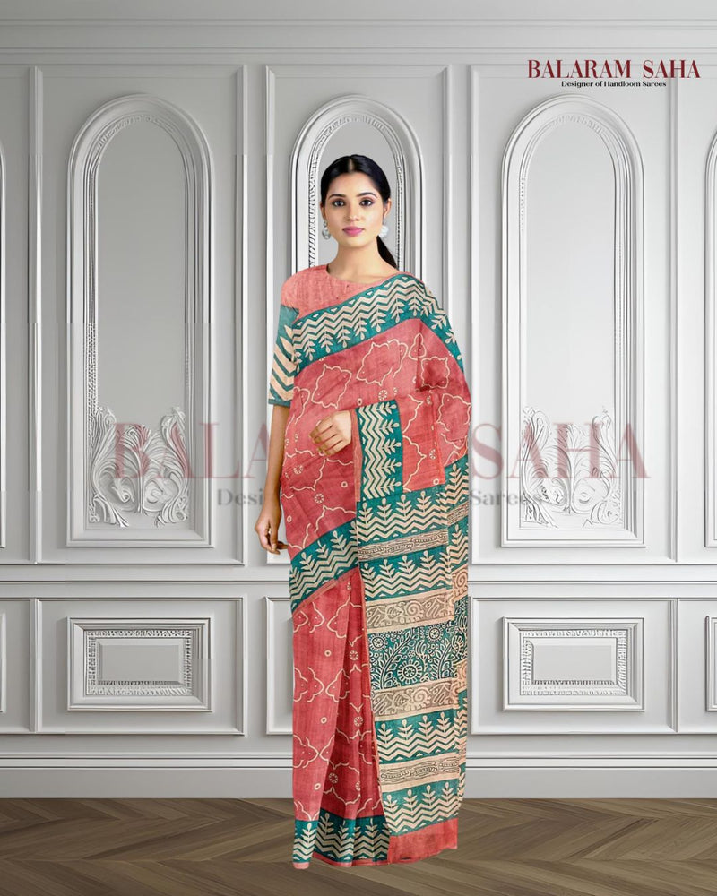 New Summer Vintage Peach Handloom Tussar Silk Block Print Saree By Balaram Saha (balaram saha, Kolkata Bengal Saree, handloom saree, handloom cotton saree, balaram saha online, balaram saha handloom saree store, handloom sarees, balaram saha handloom saree store photos, balaram saha handloom saree store, cotton handloom saree, bengal handloom sarees,tussar silk saree, tussar silk sarees, handloom tussar silk saree)