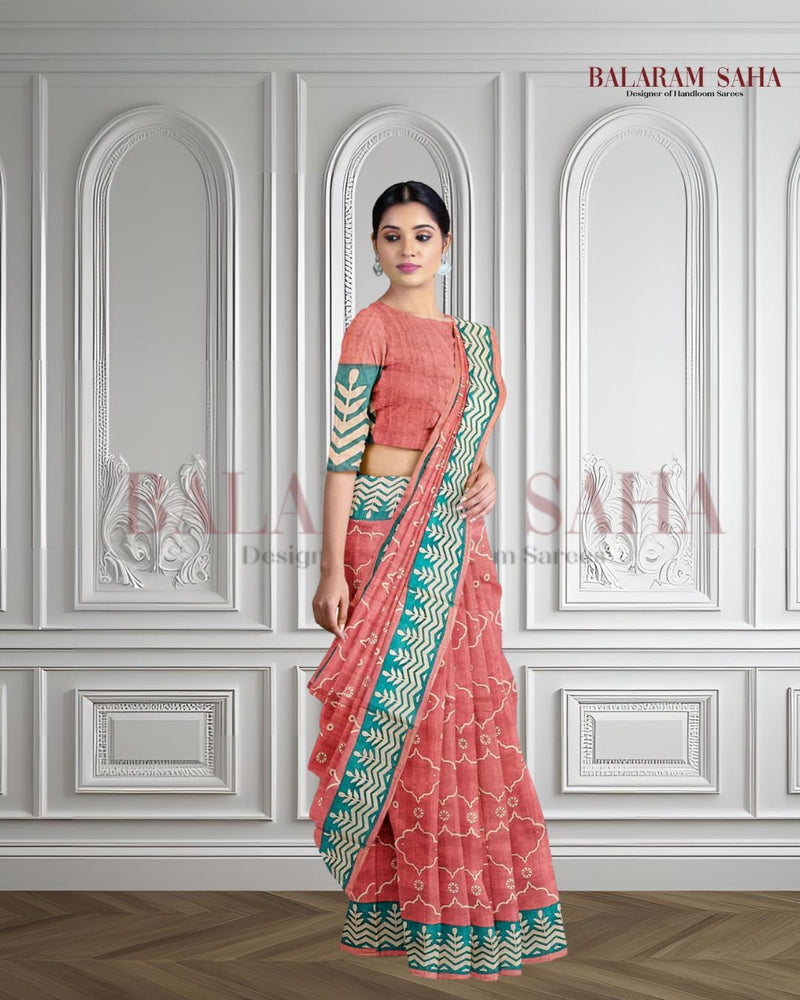 New Summer Vintage Peach Handloom Tussar Silk Block Print Saree By Balaram Saha (balaram saha, Kolkata Bengal Saree, handloom saree, handloom cotton saree, balaram saha online, balaram saha handloom saree store, handloom sarees, balaram saha handloom saree store photos, balaram saha handloom saree store, cotton handloom saree, bengal handloom sarees,tussar silk saree, tussar silk sarees, handloom tussar silk saree)