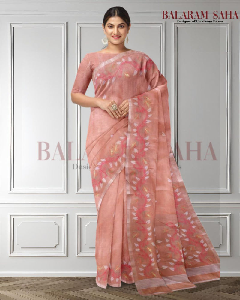 Peach Cotton Jamdani Saree from Balaram Saha - (dhakai jamdani saree, jamdani saree, jamdani sarees, cotton jamdani saree, jamdani cotton saree, handloom cotton saree, original dhakai jamdani saree, jamdani sarees, soft dhakai jamdani saree, white jamdani saree, jamdani saree Bangladesh, balaram saha, balaram saha handloom saree store, balaram saha saree, balaram saha online, balaram saha saree online, balaram saha gariahat ) www.instagram.com