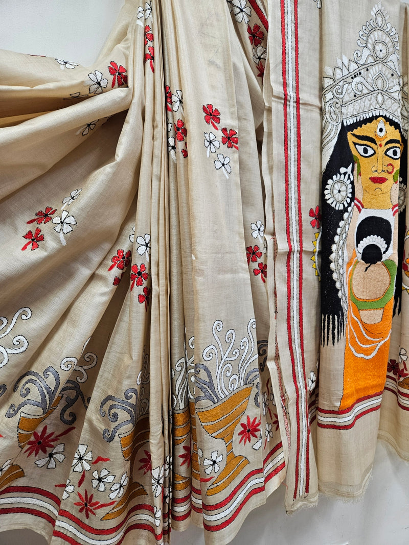 A Balaram Saha Original: Maa Durga Hand-Stitched Kantha Tussar Silk Saree Balaram Saha