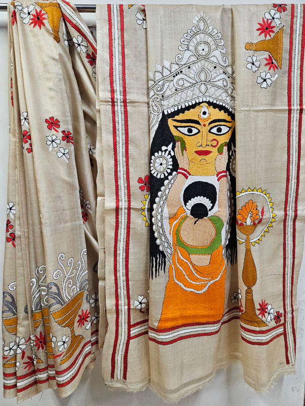 A Balaram Saha Original: Maa Durga Hand-Stitched Kantha Tussar Silk Saree Balaram Saha