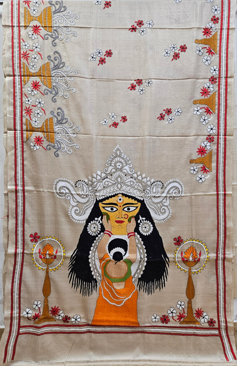 A Balaram Saha Original: Maa Durga Hand-Stitched Kantha Tussar Silk Saree Balaram Saha