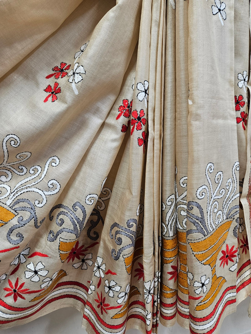 A Balaram Saha Original: Maa Durga Hand-Stitched Kantha Tussar Silk Saree Balaram Saha