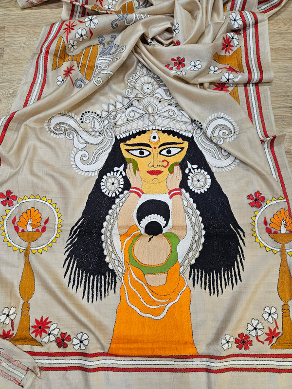 A Balaram Saha Original: Maa Durga Hand-Stitched Kantha Tussar Silk Saree Balaram Saha