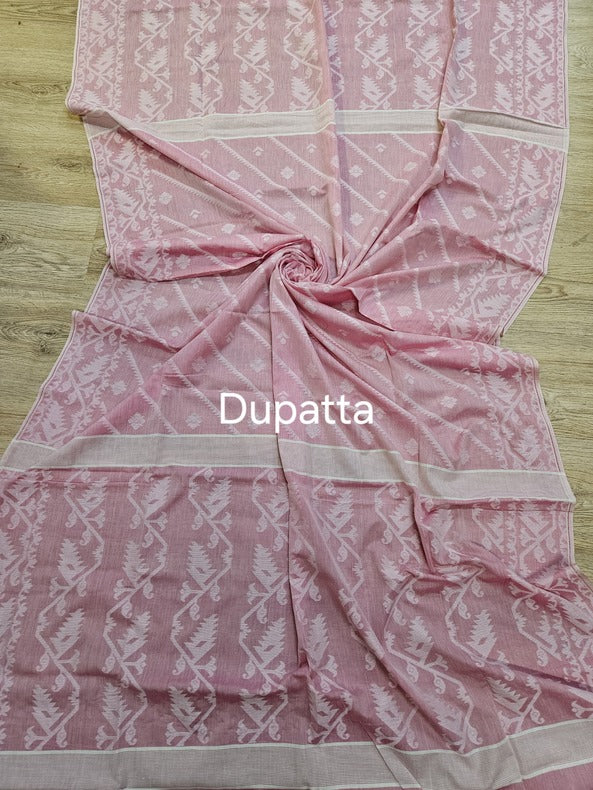 Pink Paradise Balaram Saha's Cotton 2 Piece Jamdani Kurta & Dupatta Set