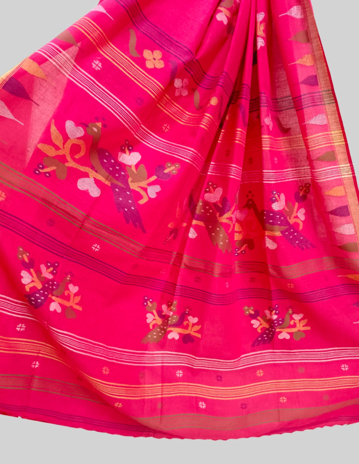 Pinkish Red Handspun Cotton Dhakai Jamdani Saree (handloom saree, jamdani saree, jamdani sarees, cotton jamdani saree, jamdani cotton saree, handloom cotton saree, balaram saha online, jamdani saree online, soft jamdani saree, dhakai jamdani saree, dhakai jamdani saree, Jamdani Border Saree, handloom saree, balaram saha handloom saree store photos)