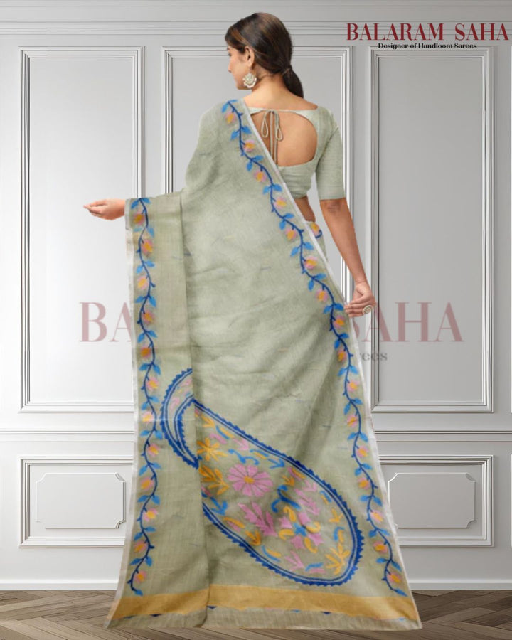 Pista Green Cotton Jamdani Saree from Balaram Saha -  (balaram saha, balaram saha handloom saree store, balaram saha saree, balaram saha online, balaram saha saree online, balaram saha gariahat, handloom saree, jamdani saree, jamdani sarees, cotton jamdani saree, jamdani cotton saree, handloom cotton saree, jamdani saree online, soft jamdani saree, dhakai jamdani saree, dhakai jamdani saree, Jamdani Border Saree)