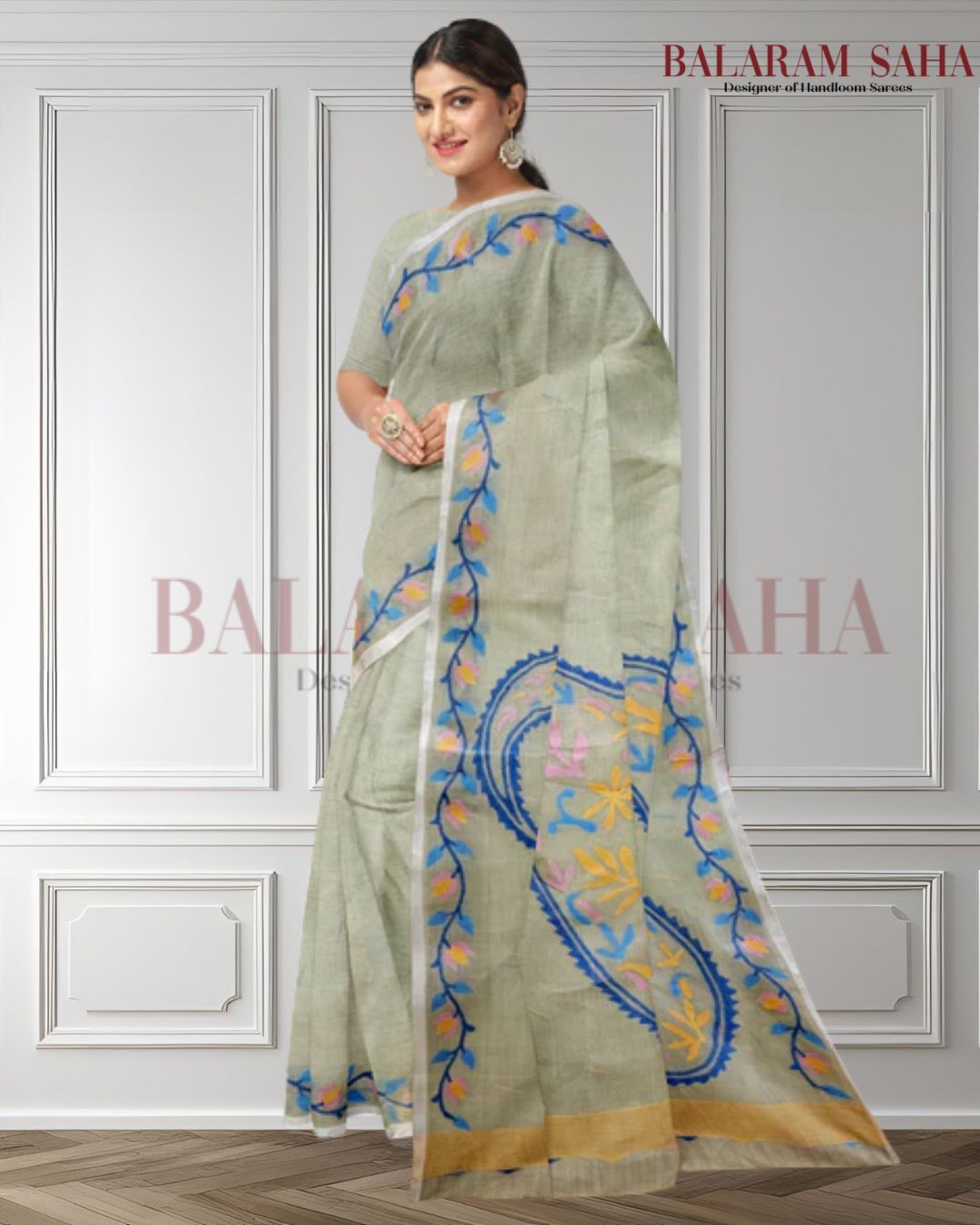 Pista Green Cotton Jamdani Saree from Balaram Saha -  (balaram saha, balaram saha handloom saree store, balaram saha saree, balaram saha online, balaram saha saree online, balaram saha gariahat, handloom saree, jamdani saree, jamdani sarees, cotton jamdani saree, jamdani cotton saree, handloom cotton saree, jamdani saree online, soft jamdani saree, dhakai jamdani saree, dhakai jamdani saree, Jamdani Border Saree)
