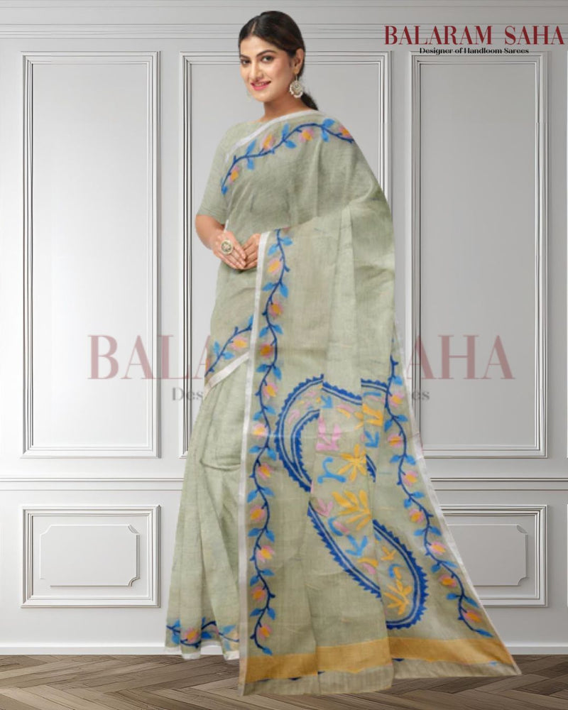 Pista Green Cotton Jamdani Saree from Balaram Saha -  (balaram saha, balaram saha handloom saree store, balaram saha saree, balaram saha online, balaram saha saree online, balaram saha gariahat, handloom saree, jamdani saree, jamdani sarees, cotton jamdani saree, jamdani cotton saree, handloom cotton saree, jamdani saree online, soft jamdani saree, dhakai jamdani saree, dhakai jamdani saree, Jamdani Border Saree)