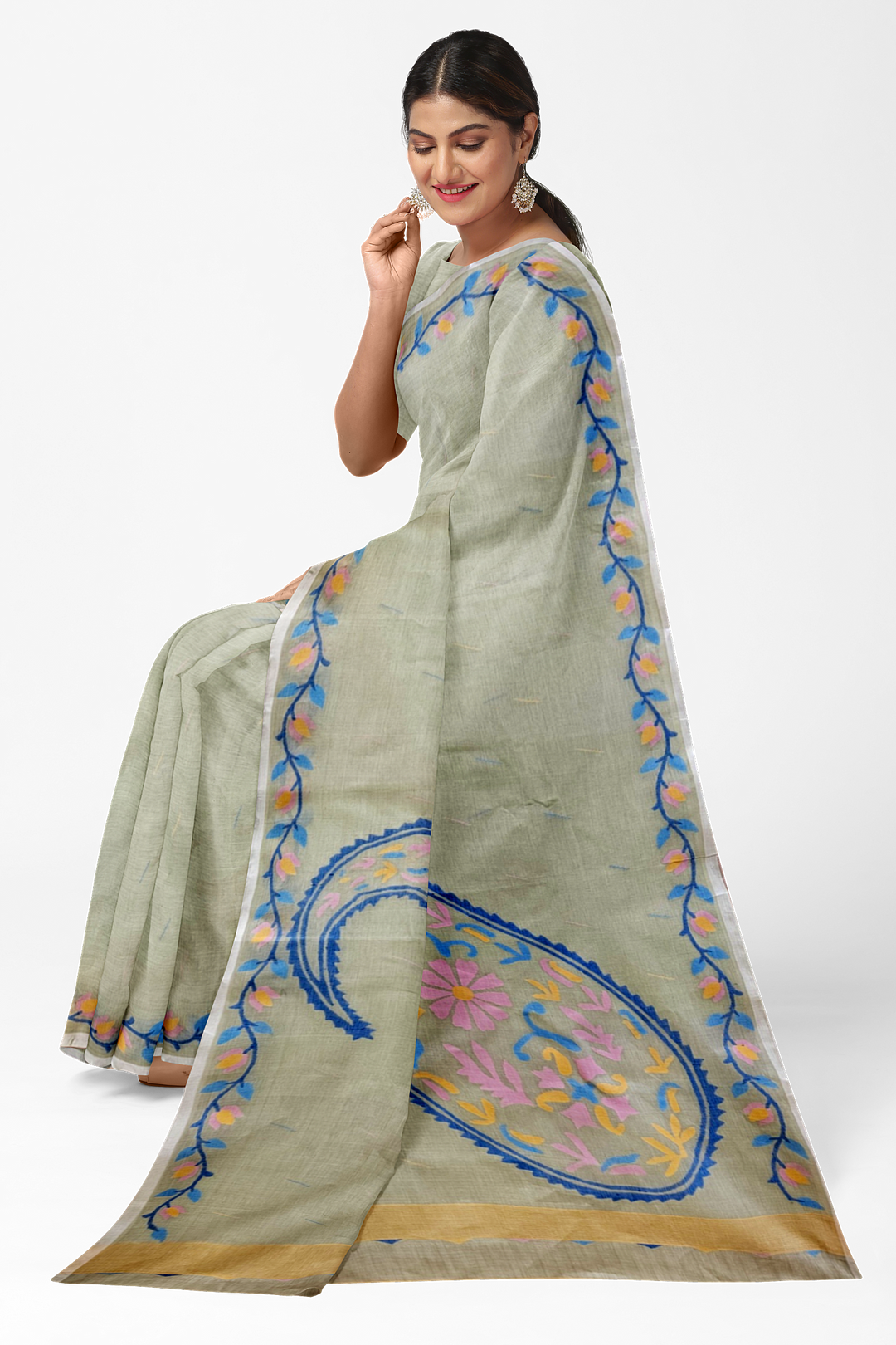 Pista Green Cotton Jamdani Saree from Balaram Saha -  (balaram saha, balaram saha handloom saree store, balaram saha saree, balaram saha online, balaram saha saree online, balaram saha gariahat, handloom saree, jamdani saree, jamdani sarees, cotton jamdani saree, jamdani cotton saree, handloom cotton saree, jamdani saree online, soft jamdani saree, dhakai jamdani saree, dhakai jamdani saree, Jamdani Border Saree)