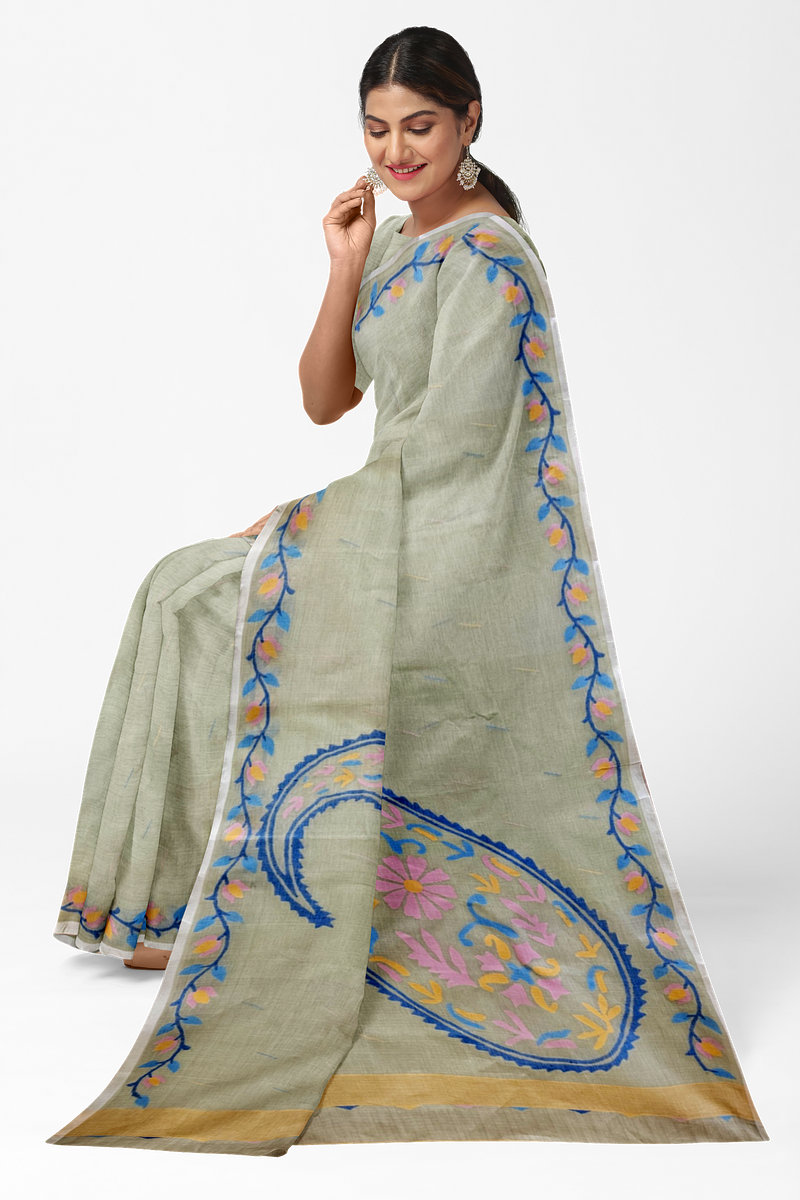 Pista Green Cotton Jamdani Saree from Balaram Saha -  (balaram saha, balaram saha handloom saree store, balaram saha saree, balaram saha online, balaram saha saree online, balaram saha gariahat, handloom saree, jamdani saree, jamdani sarees, cotton jamdani saree, jamdani cotton saree, handloom cotton saree, jamdani saree online, soft jamdani saree, dhakai jamdani saree, dhakai jamdani saree, Jamdani Border Saree)