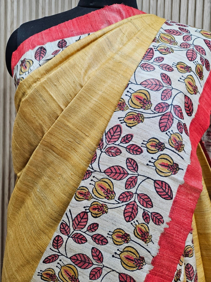 Mustard & Red Handloom Printed Ghicha Tussar Silk Saree Balaram Saha