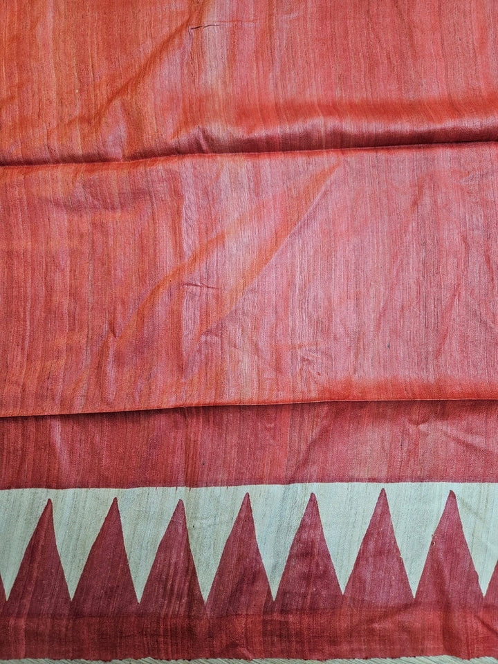 Cream & Red Mandloom Printed Ghicha Tussar Silk Saree Balaram Saha