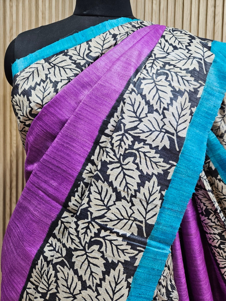 Mauve & Blue Handloom Printed Ghicha Tussar Silk Saree Balaram Saha