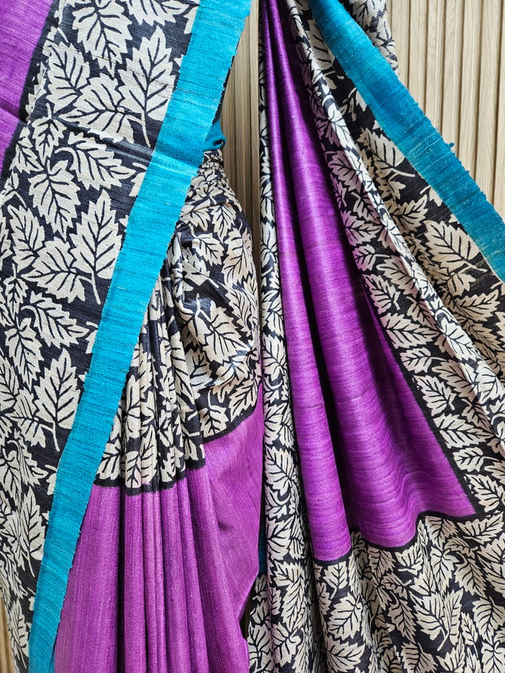 Mauve & Blue Handloom Printed Ghicha Tussar Silk Saree Balaram Saha