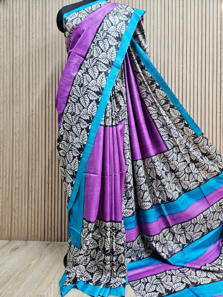 Mauve & Blue Handloom Printed Ghicha Tussar Silk Saree Balaram Saha