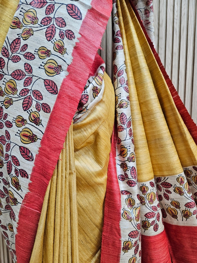Mustard & Red Handloom Printed Ghicha Tussar Silk Saree Balaram Saha