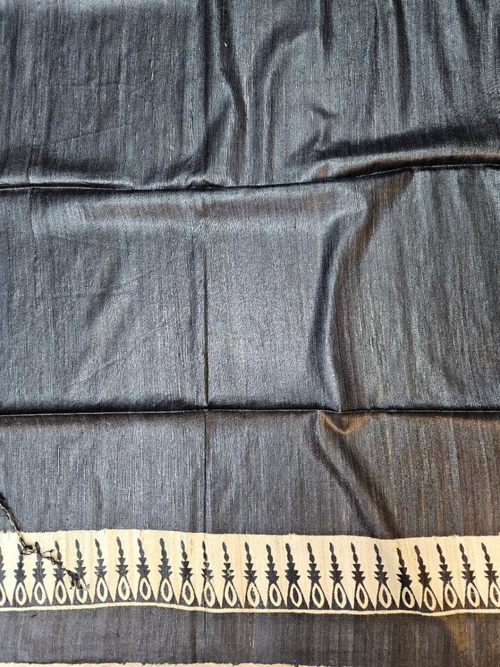 Biege & Black Handloom Printed Ghicha Tussar Silk Saree Balaram Saha