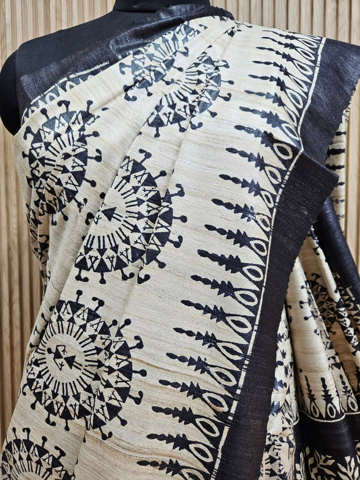 Biege & Black Handloom Printed Ghicha Tussar Silk Saree Balaram Saha