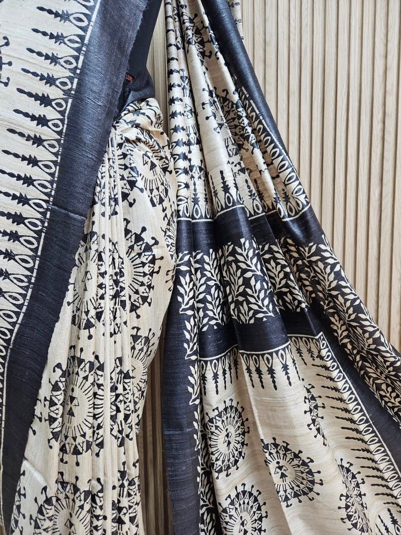 Biege & Black Handloom Printed Ghicha Tussar Silk Saree Balaram Saha
