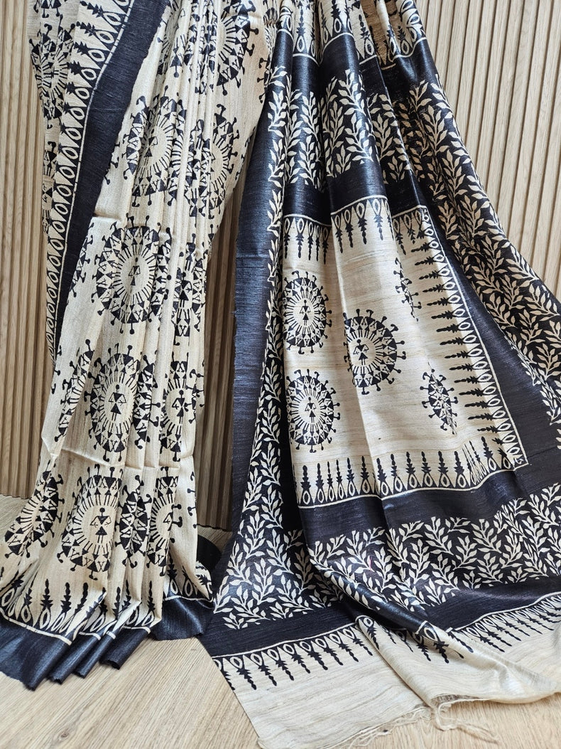 Biege & Black Handloom Printed Ghicha Tussar Silk Saree Balaram Saha