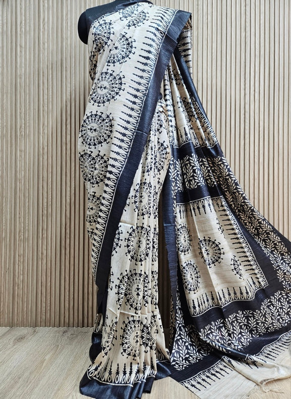 Biege & Black Handloom Printed Ghicha Tussar Silk Saree Balaram Saha